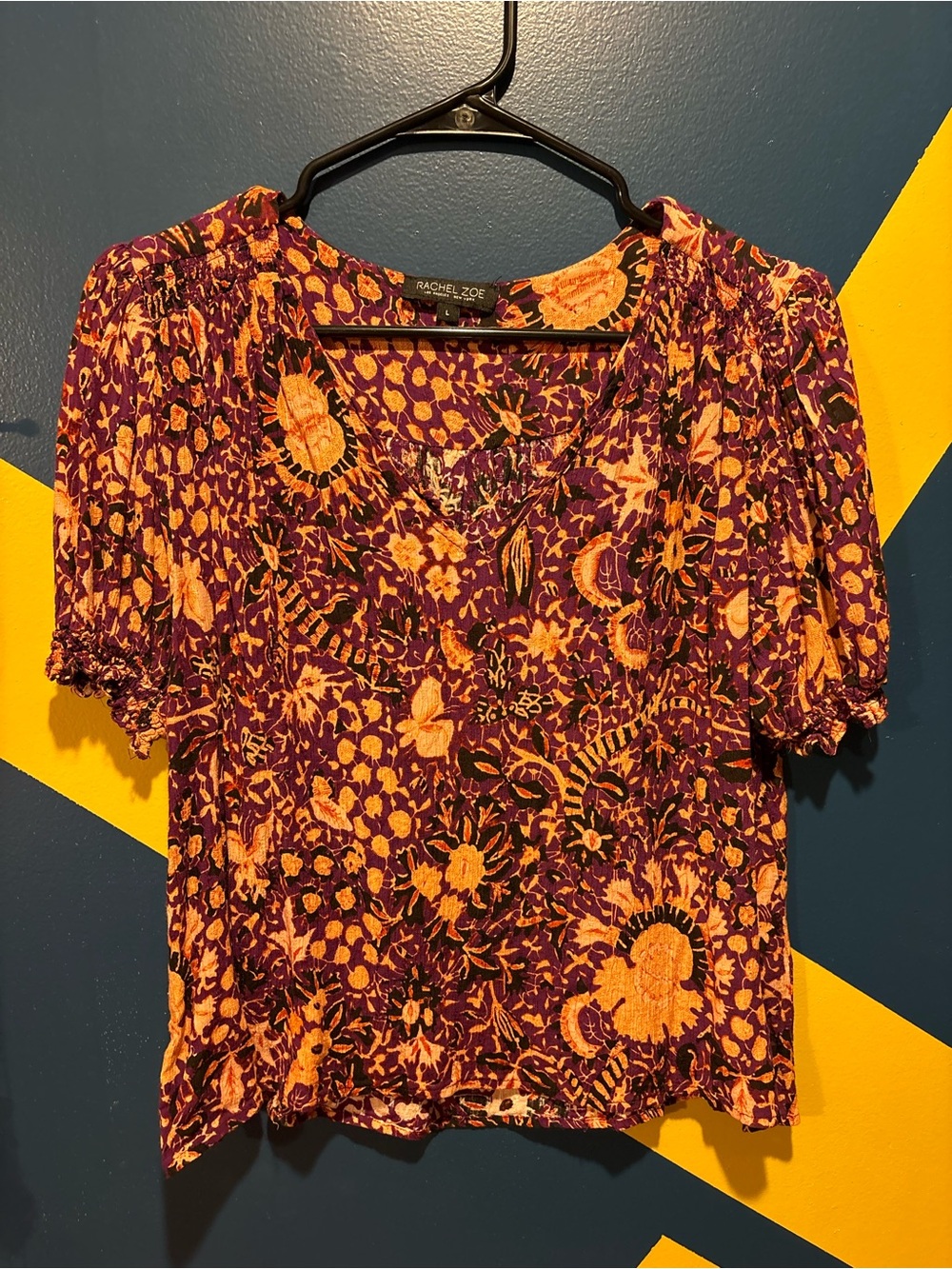 Rachel Zoe Burgundy & Coral Floral Print Short Sleeve Blouse EUC